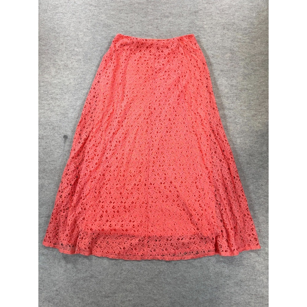 Cato A Line Lace Maxi Skirt Womens Medium Coral Pink Floral Lined Cotton Party